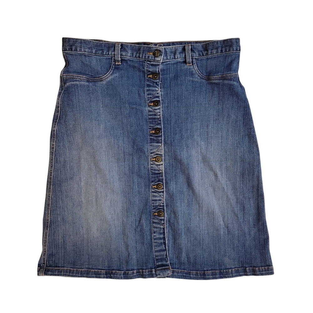 Cookie Johnson Unity Denim Button Front‎ Embroidered Skirt Preppy Size 34